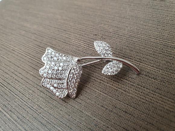 Broche Prateado Banhado Cravejado de Mini Zircônias