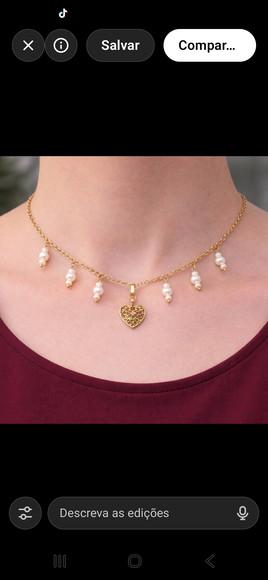 Colar Choker Banhado com Pérolas Naturais e Pingente Coração