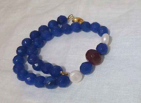 Colar Choker com Pedras Jade Azul e Rubi e Pérolas
