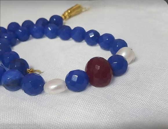 Colar Choker com Pedras Jade Azul e Rubi e Pérolas