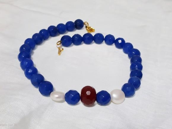 Colar Choker com Pedras Jade Azul e Rubi e Pérolas
