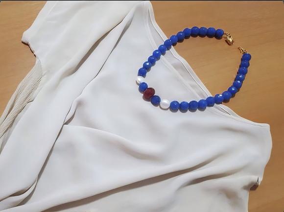 Colar Choker com Pedras Jade Azul e Rubi e Pérolas