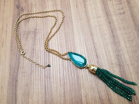 Colar com Cabochão Cristal Esmeralda e Franja de Cristais
