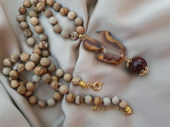 Colar Com Pedras Jasper Imperador E Pingente Ágata
