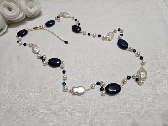 Colar com Pedras Naturais Lápis Lazuli e Pérolas