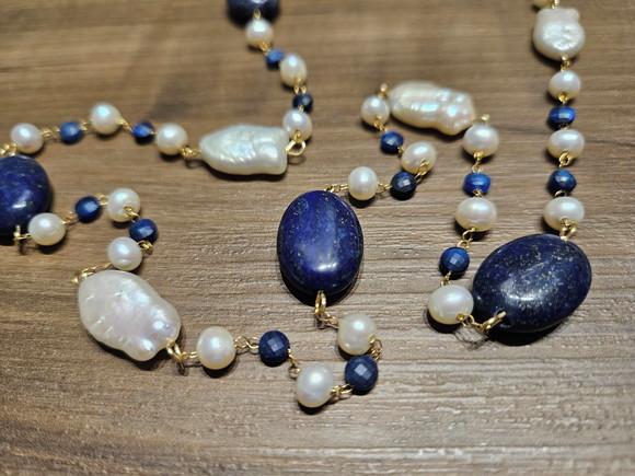 Colar com Pedras Naturais Lápis Lazuli e Pérolas
