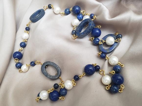 Colar Com Pedras Naturais Lápis Lazuli E Pérolas