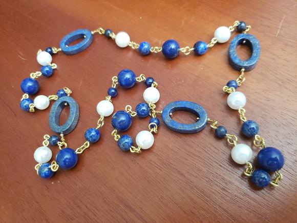 Colar Com Pedras Naturais Lápis Lazuli E Pérolas