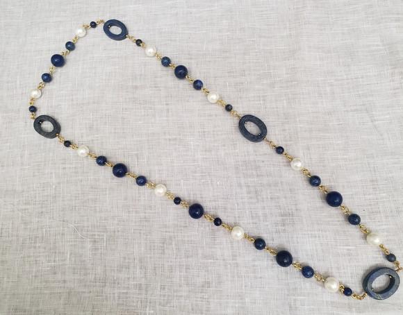 Colar Com Pedras Naturais Lápis Lazuli E Pérolas