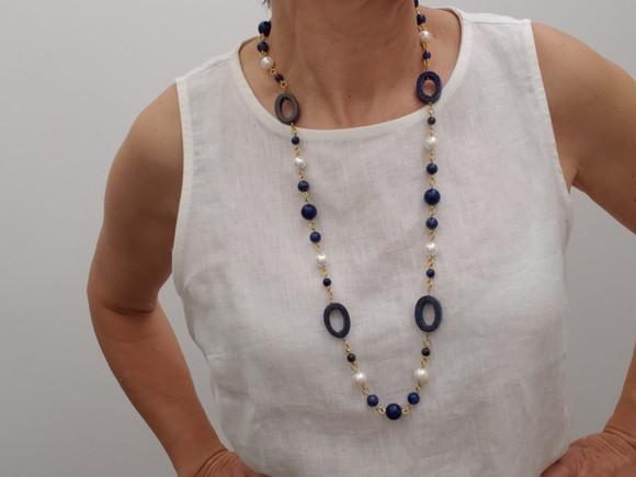 Colar Com Pedras Naturais Lápis Lazuli E Pérolas