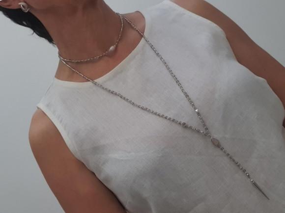 Colar de Cristal Facetado Prata e Pérola Natural
