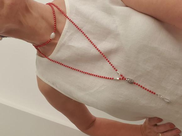 Colar De Cristal Facetado Vermelho E Pérola Natural