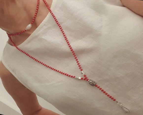 Colar De Cristal Facetado Vermelho E Pérola Natural