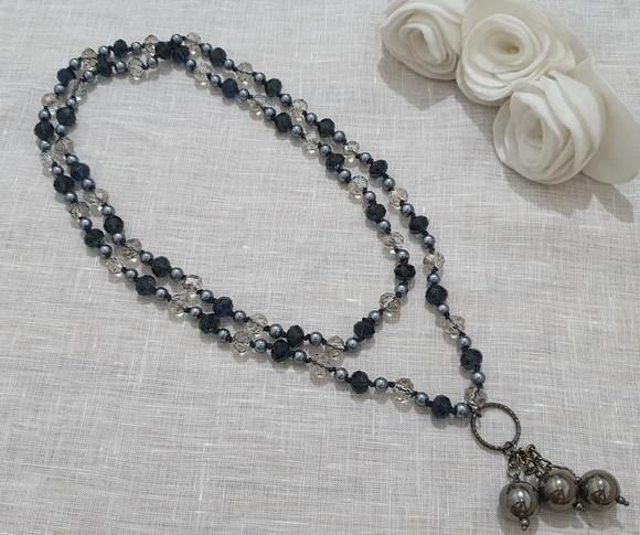Colar de Cristal Preto e Cinza e Pérola Shell