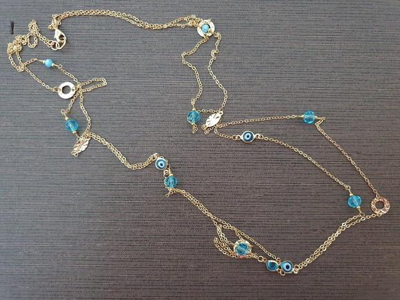 Colar De Olho Grego E Cristal Água Marinha