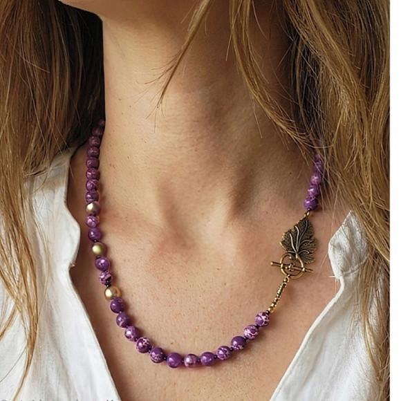 Colar de Pedra Natural Jaspe Imperador Roxo