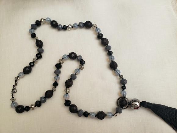 Colar de Pedra Natural Opala e Cristal Preto e Cinza