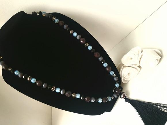 Colar de Pedra Natural Opala e Cristal Preto e Cinza