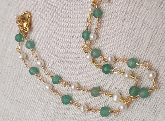 Colar de Pedras Naturais Jade Esmeralda e Pérolas Barrocas