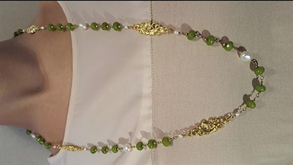 Colar de Pedras Peridoto com Pérolas