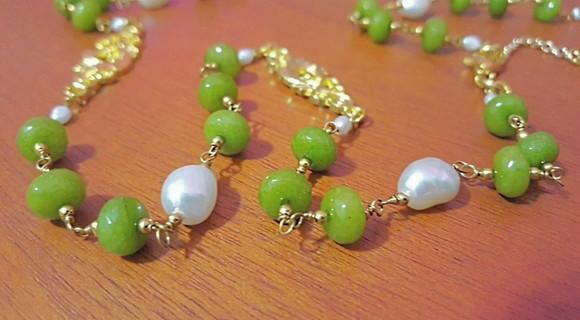 Colar de Pedras Peridoto com Pérolas