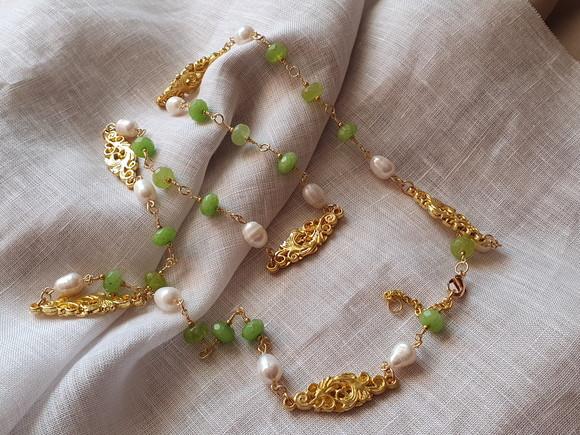 Colar de Pedras Peridoto com Pérolas