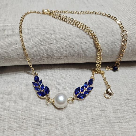 Colar de Pérola Natural e Cristais Azul Royal