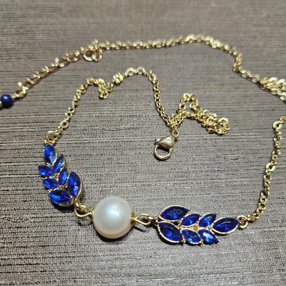 Colar de Pérola Natural e Cristais Azul Royal