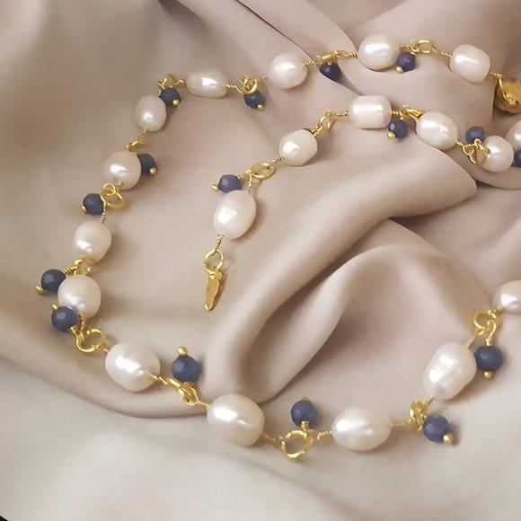 Colar de Pérolas de Água Doce com Safira Azul