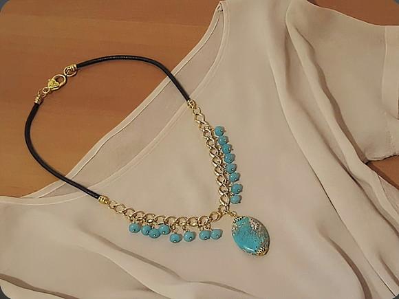 Colar Dourado de Pedra Natural Jasper Imperador e Aguamarine