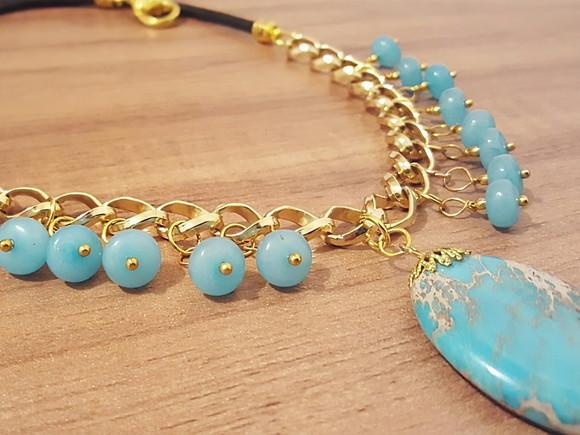 Colar Dourado de Pedra Natural Jasper Imperador e Aguamarine