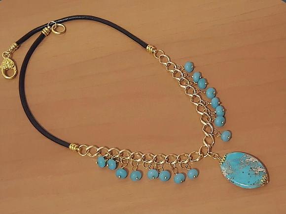 Colar Dourado de Pedra Natural Jasper Imperador e Aguamarine