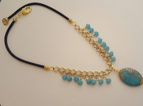 Colar Dourado de Pedra Natural Jasper Imperador e Aguamarine