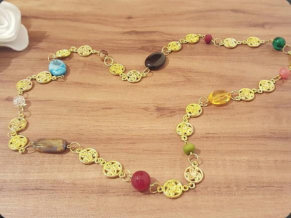 Colar Dourado Multicolorido de Pedras Naturais