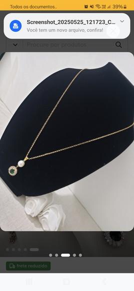 Colar Elo Português com Pérola Natural e Cristal Verde