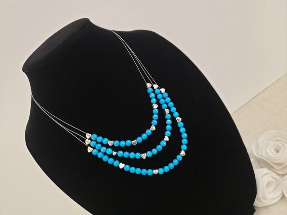 Colar Três fios de Pedra Natural Jaspe Imperador Azul