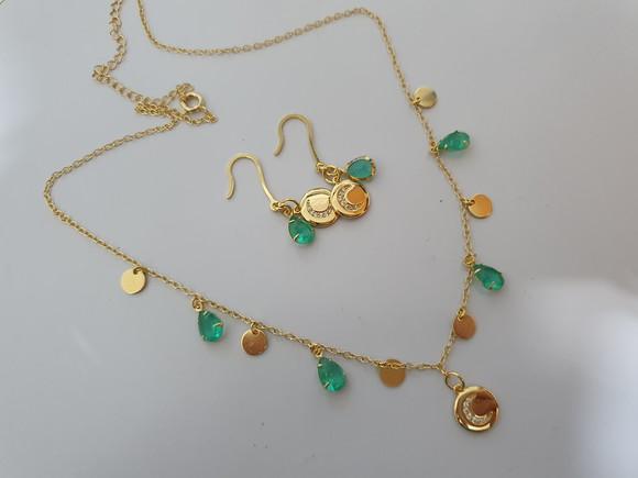 Conjunto de Brinco e Colar Banhados com Cristais Esmeralda