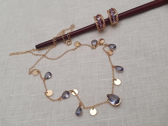 Conjunto De Brinco E Colar De Pingentes E Cristais Lavanda