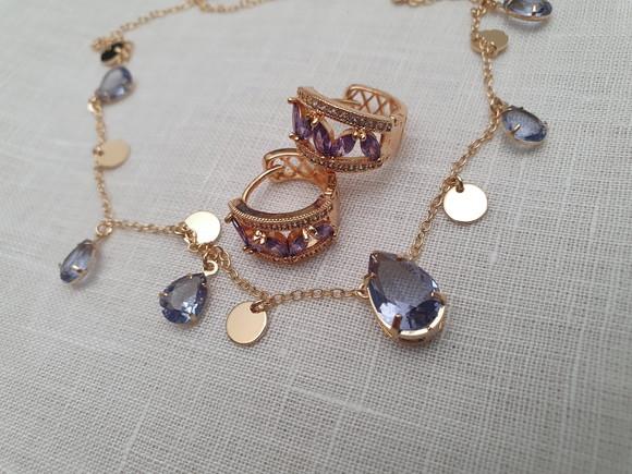 Conjunto De Brinco E Colar De Pingentes E Cristais Lavanda