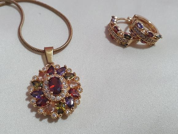 Conjunto De Brinco E Colar Com Cristais Coloridos Ii