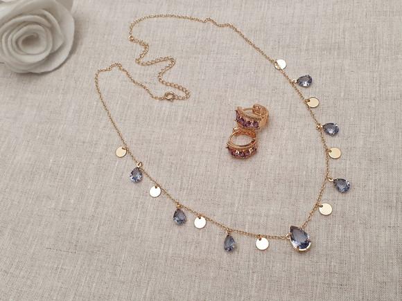 Conjunto De Brinco E Colar De Pingentes E Cristais Lavanda