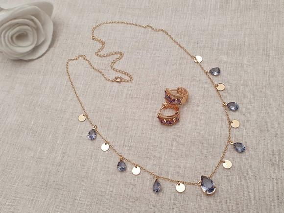 Conjunto De Brinco E Colar De Pingentes E Cristais Lavanda