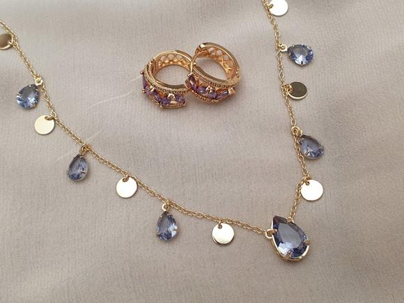 Conjunto De Brinco E Colar De Pingentes E Cristais Lavanda