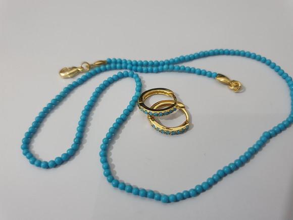 Conjunto de Colar e Brinco Banhado com Pedra Azul Turquesa