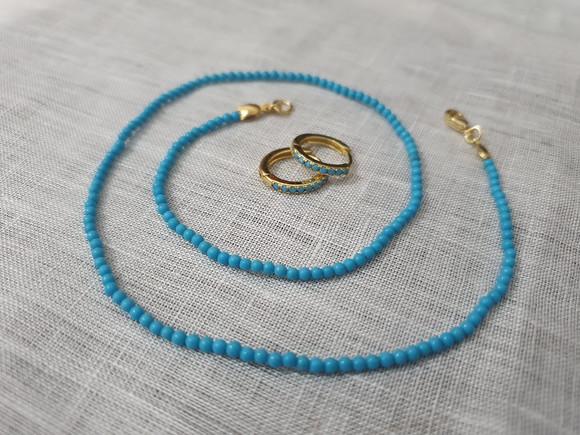Conjunto de Colar e Brinco Banhado com Pedra Azul Turquesa