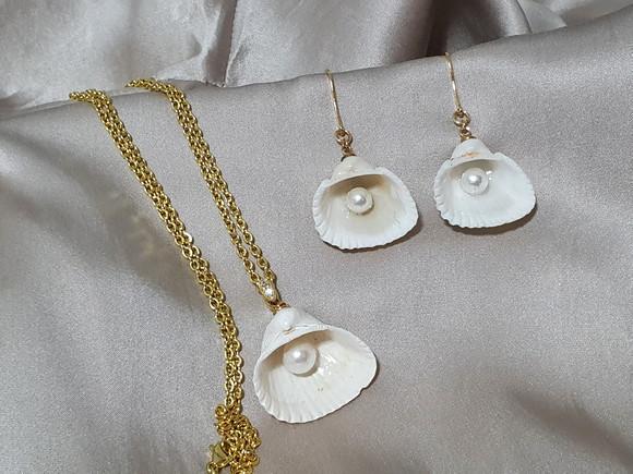 Conjunto De Colar E Brinco Com Conha Natural E Pérola Shell
