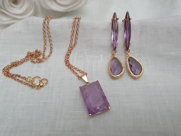 Conjunto De Colar E Brinco Com Cristal Lavanda