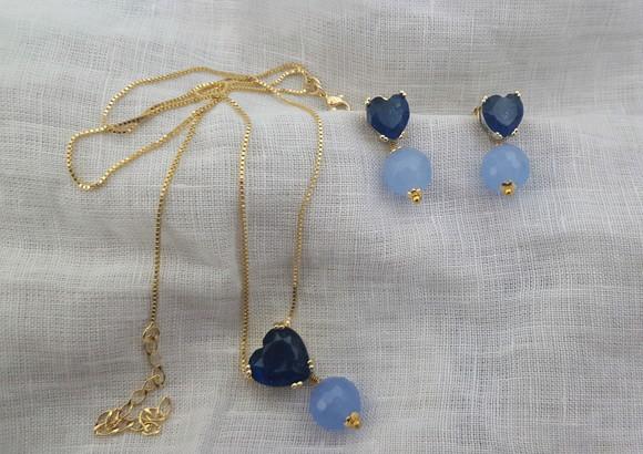 Conjunto de Colar e Brinco com Cristal e Pedra Natural Jade