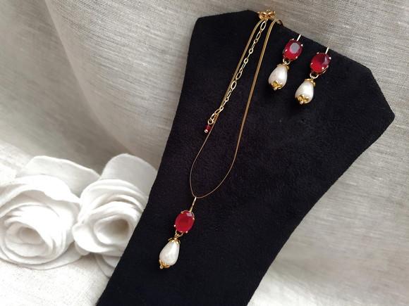 Conjunto De Colar E Brinco Com Cristal Rubi E Pedra Natural