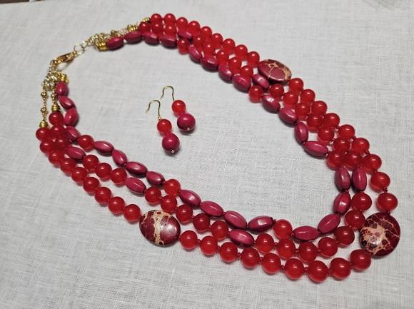 Conjunto de Colar e Brinco de Pedras Cornalina e Jasper